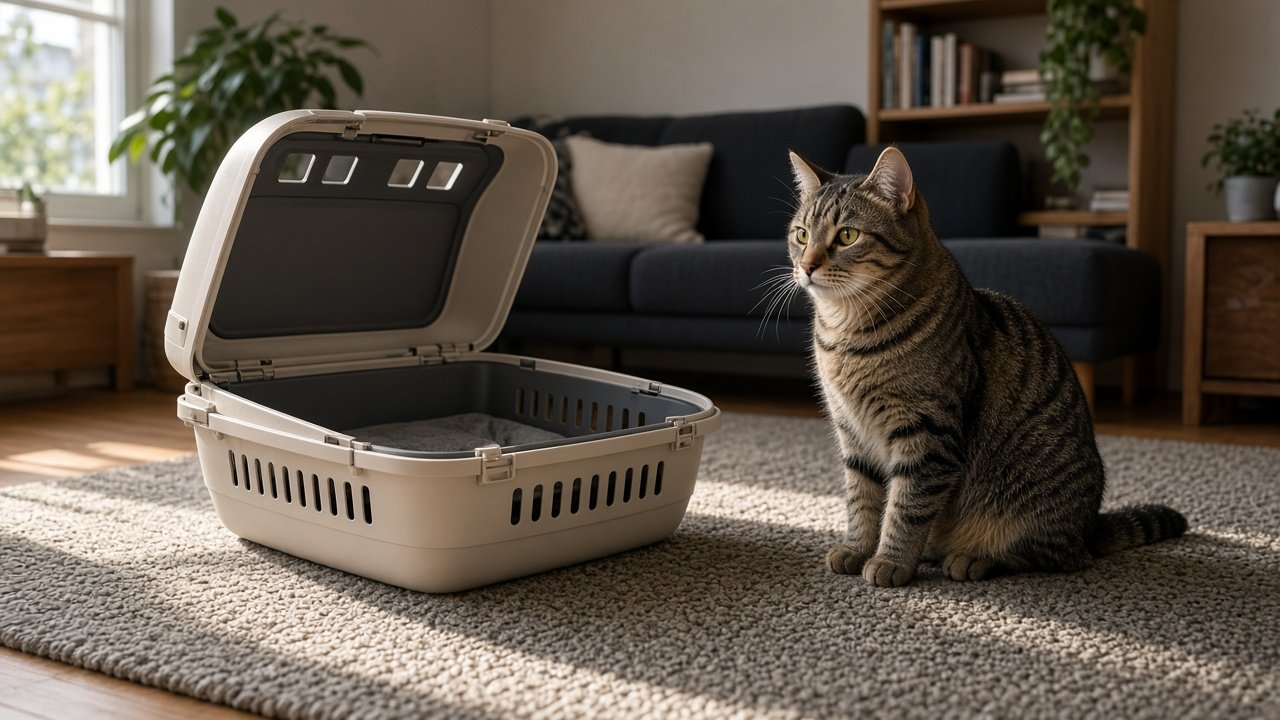 Tabby cat sitting beside an open hard carrier used as room furniture