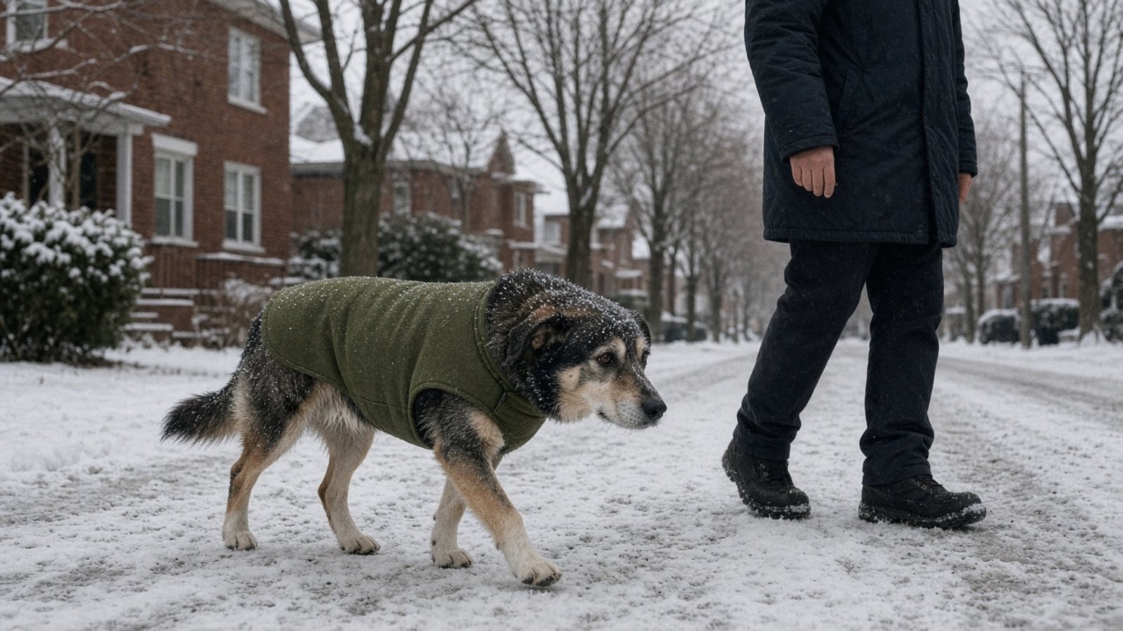 A dog in a wool coat on a snowy street