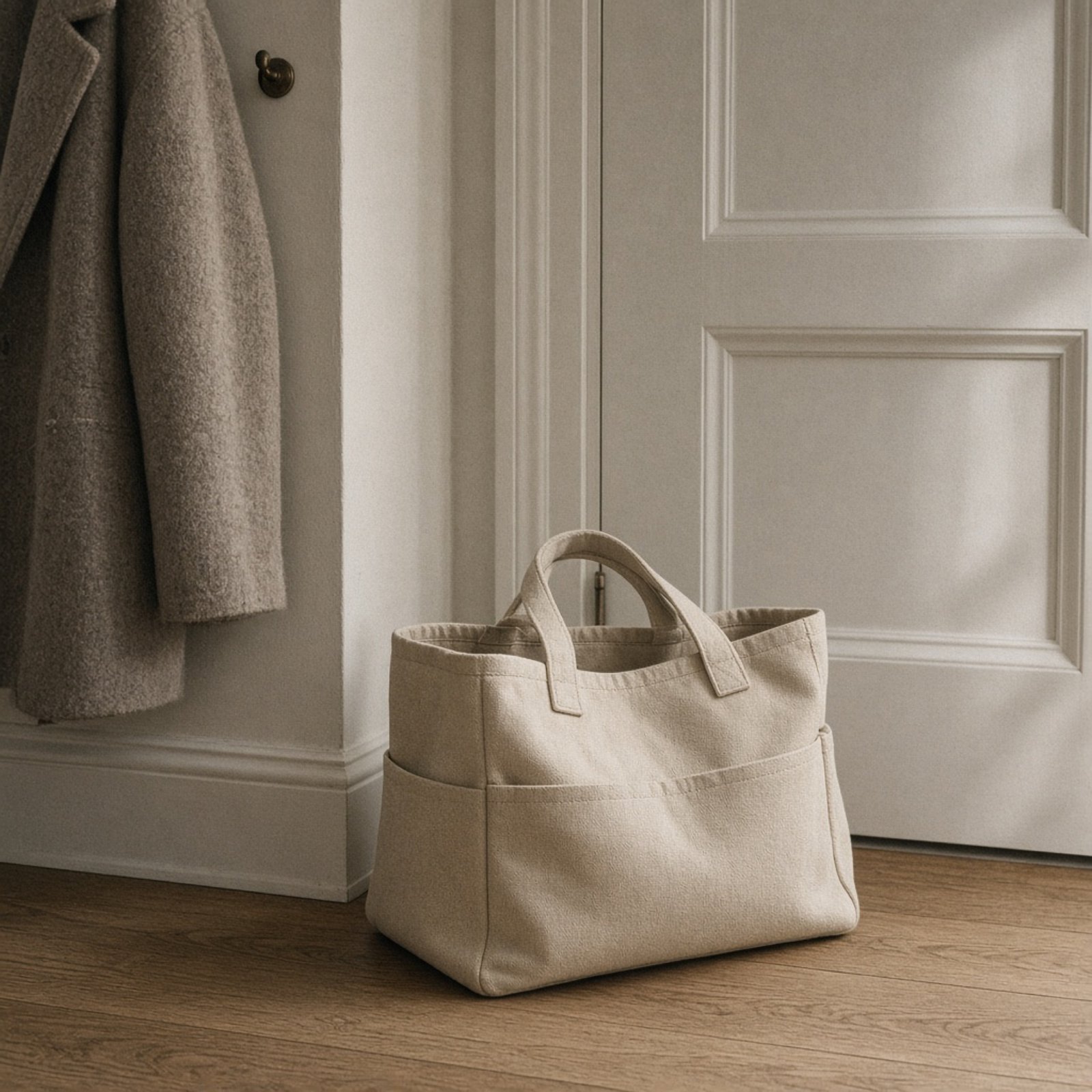 A canvas carrier by a door