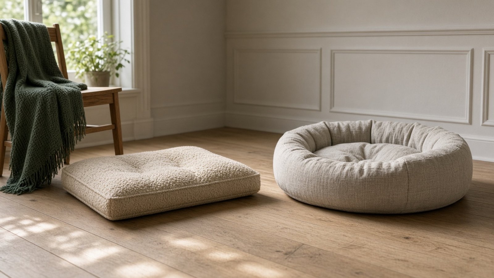 Linen pet beds in daylight