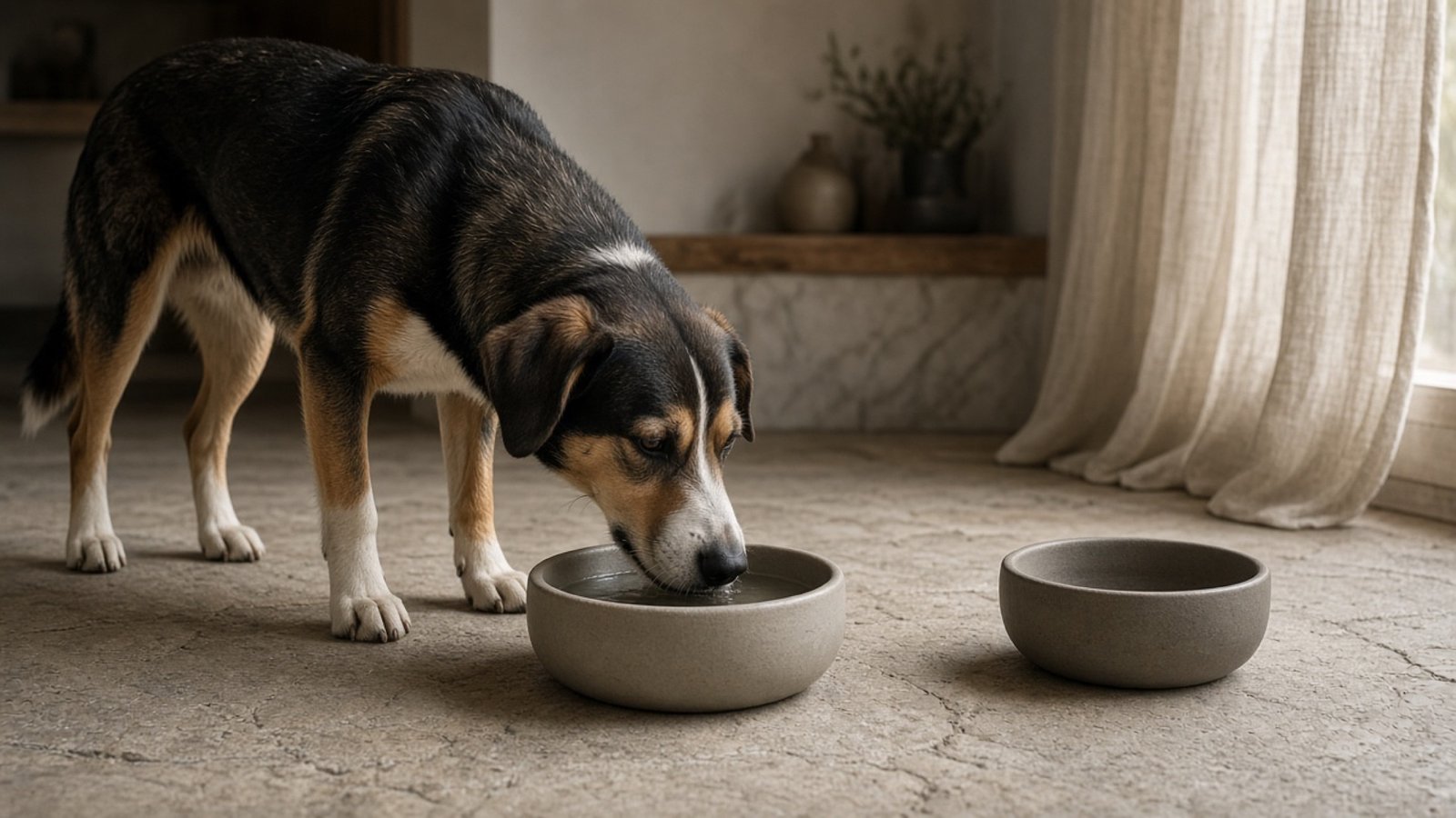 A dog drinking from a ceramic bowl