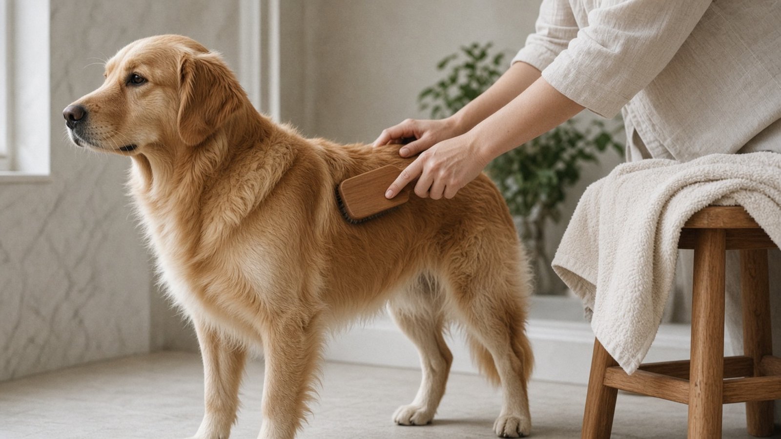 Brushing a dog at home