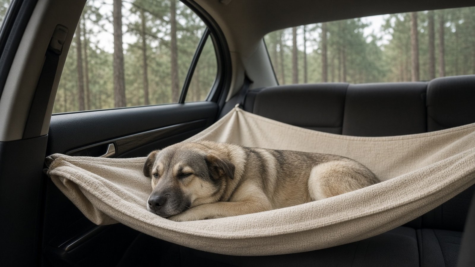A dog resting in a car seat hammock