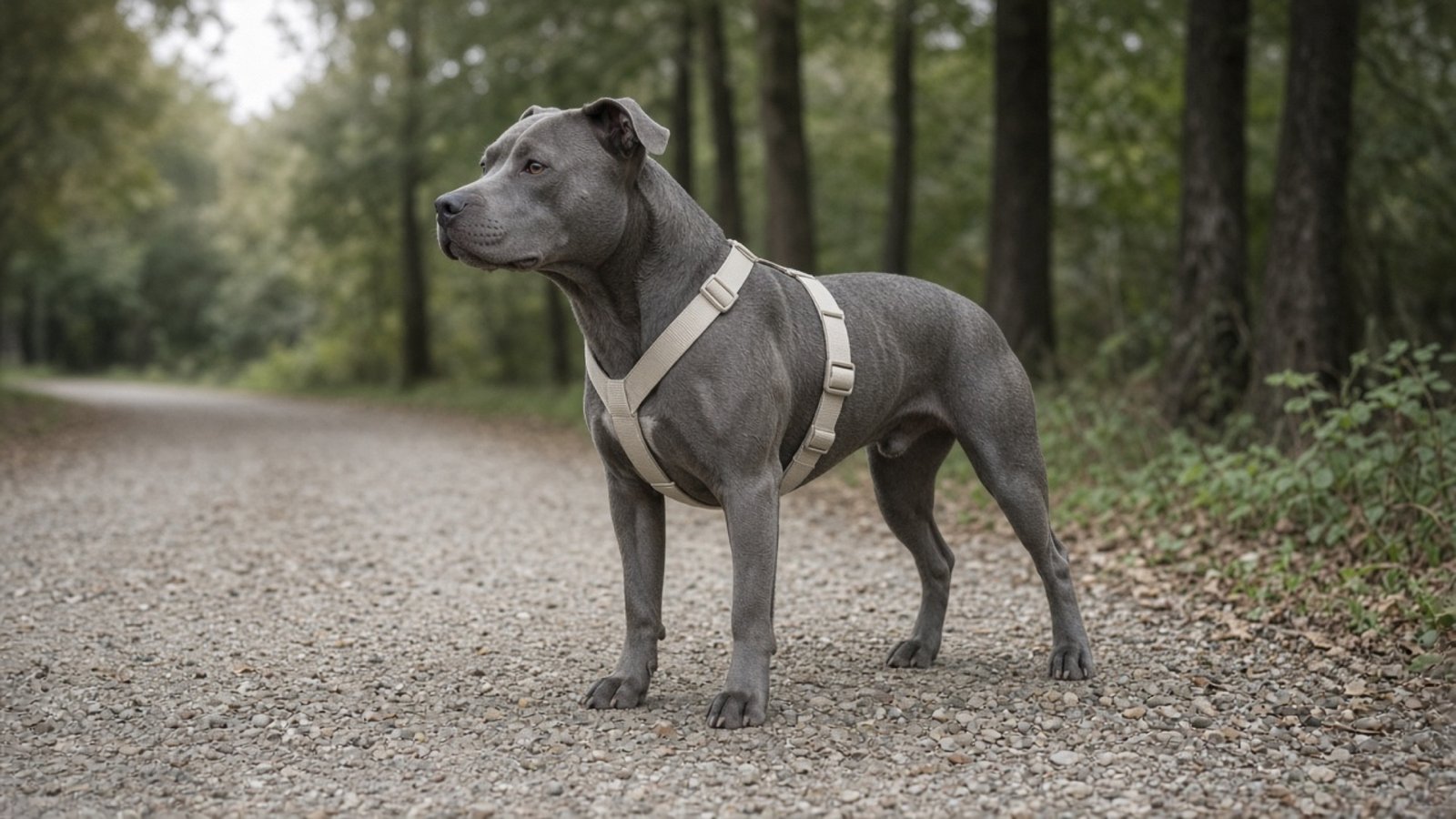 A dog wearing a simple harness