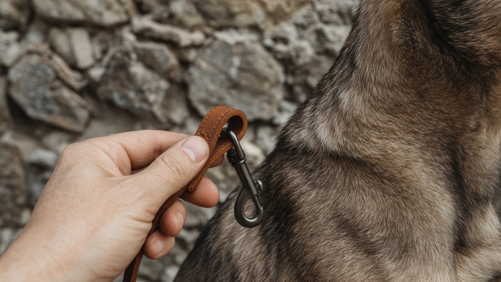 A leather leash beside a dog