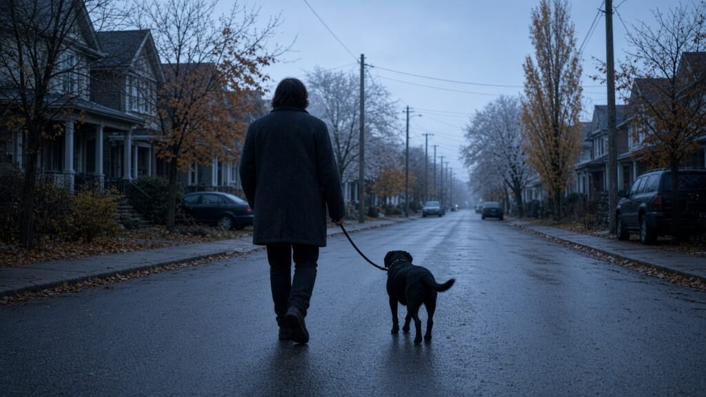 Small black dog on a short leash on a quiet street at cool dawn