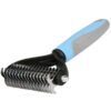 Quiet Coat Rake with grooming teeth, front view, blue handle