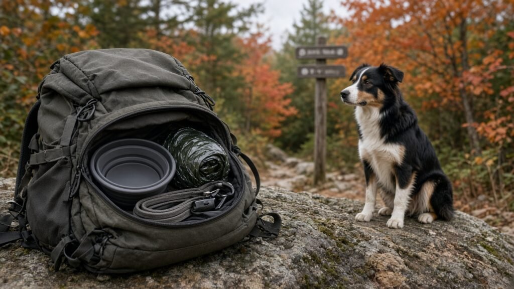 Open backpack pocket with a bowl and lead, dog sitting on a rock