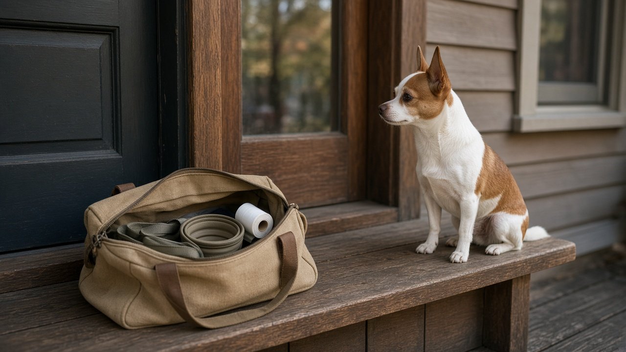 Petit chien blanc et brun près d’un sac de journée ouvert, laisse et bol