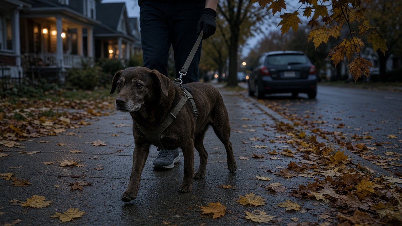 Chien brun avec un harnais simple sur une rue canadienne couverte de feuilles, au crépuscule, laisse courte tenue par une main gantée
