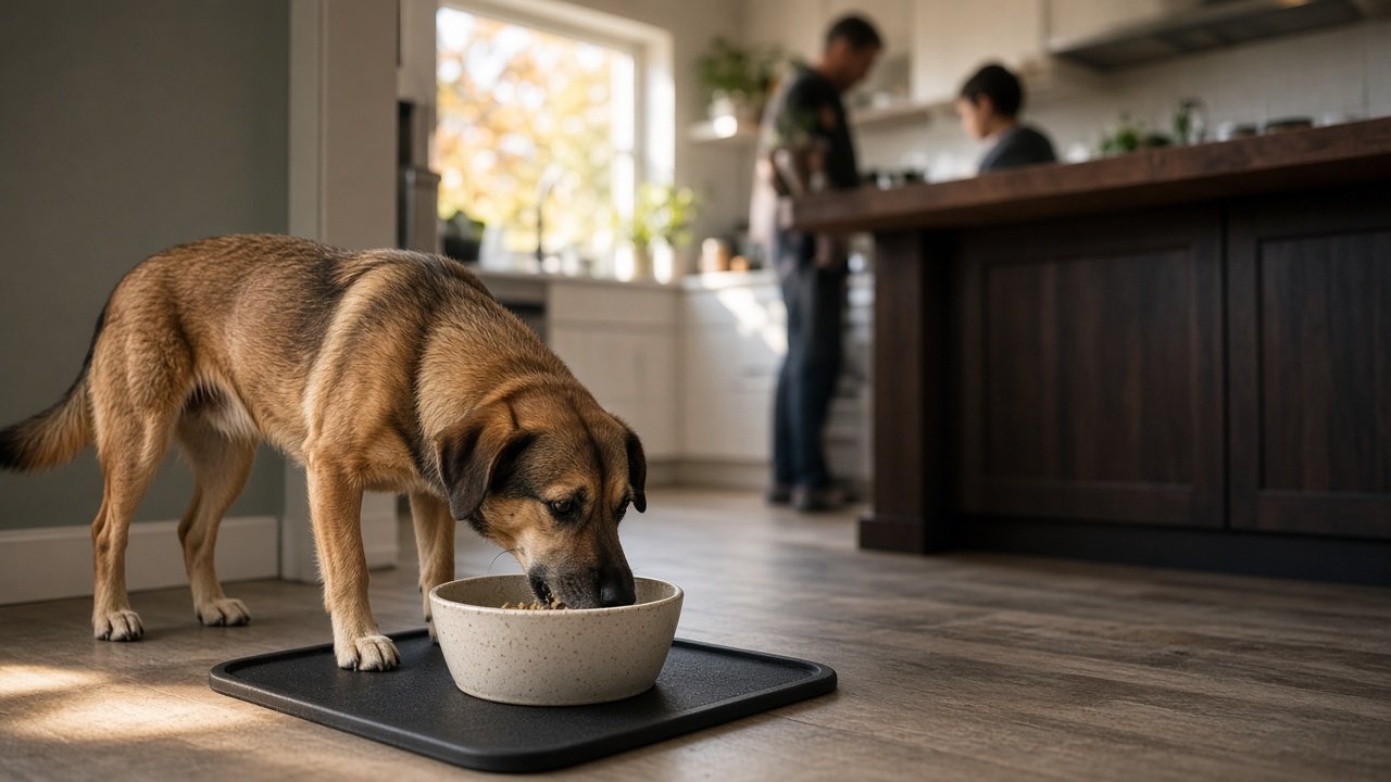 Chien qui mange dans un coin de cuisine, à l’écart de l’île