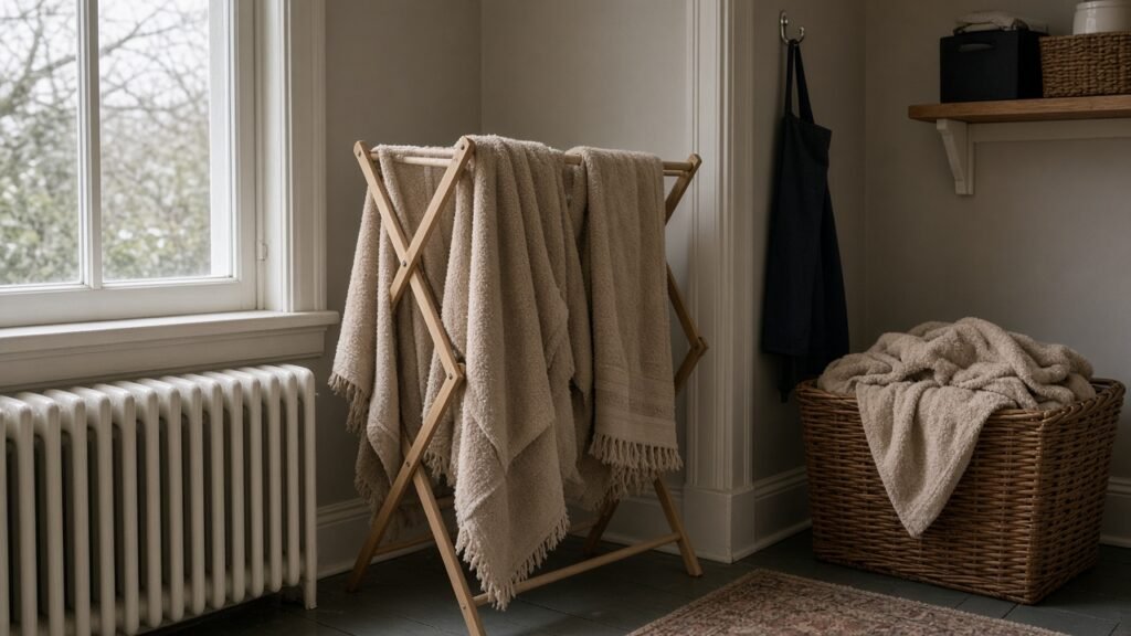 Several beige dog towels hanging to dry in a laundry nook