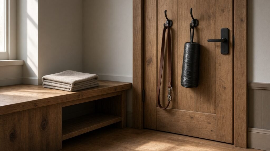 Door hooks holding a lead and waste bags, folded towel on a bench