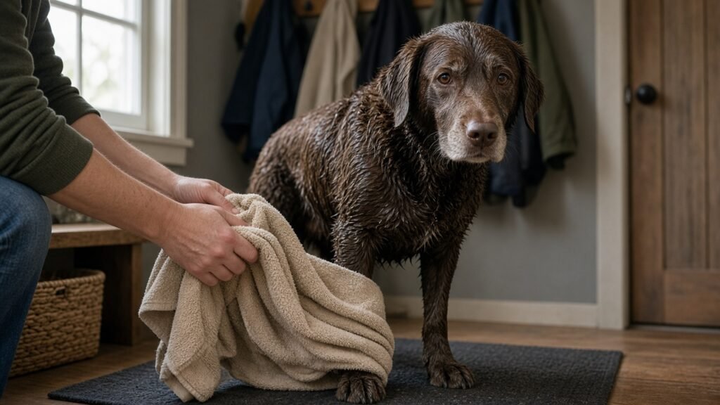 Hands toweling the front legs of a wet brown dog in a mudroom