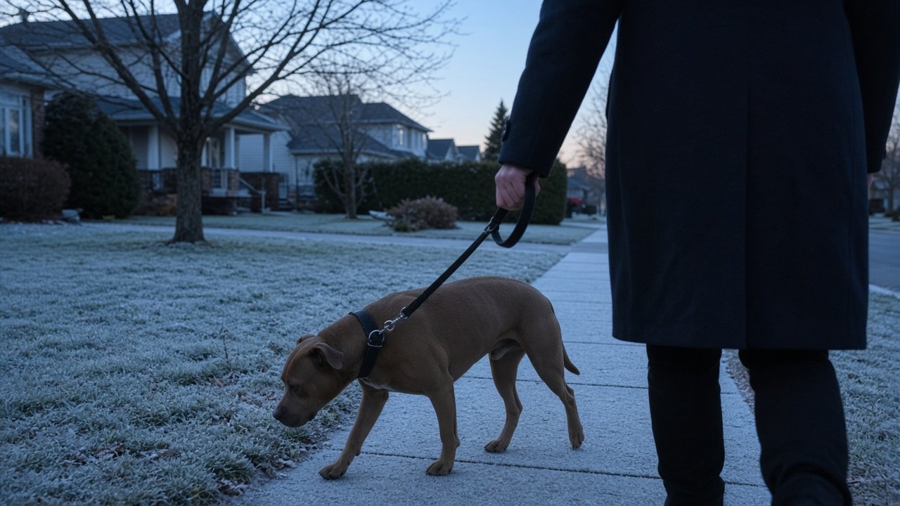 Chien à poil court sur une pelouse givrée à l’aube, sans neige épaisse