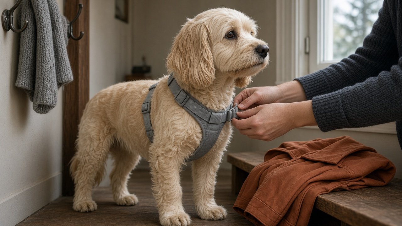Hands fastening a plain harness on a cream dog beside a folded jacket