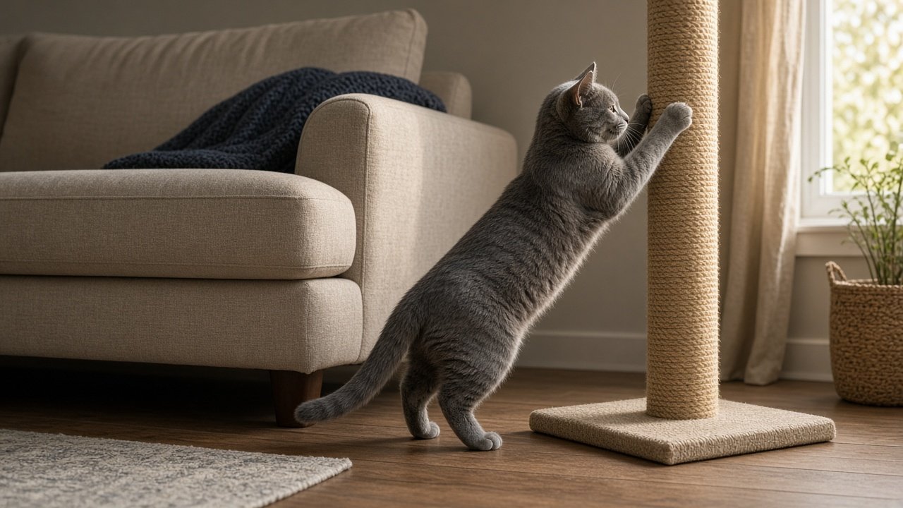 Chat gris qui gratte un poteau de sisal près d’un sofa