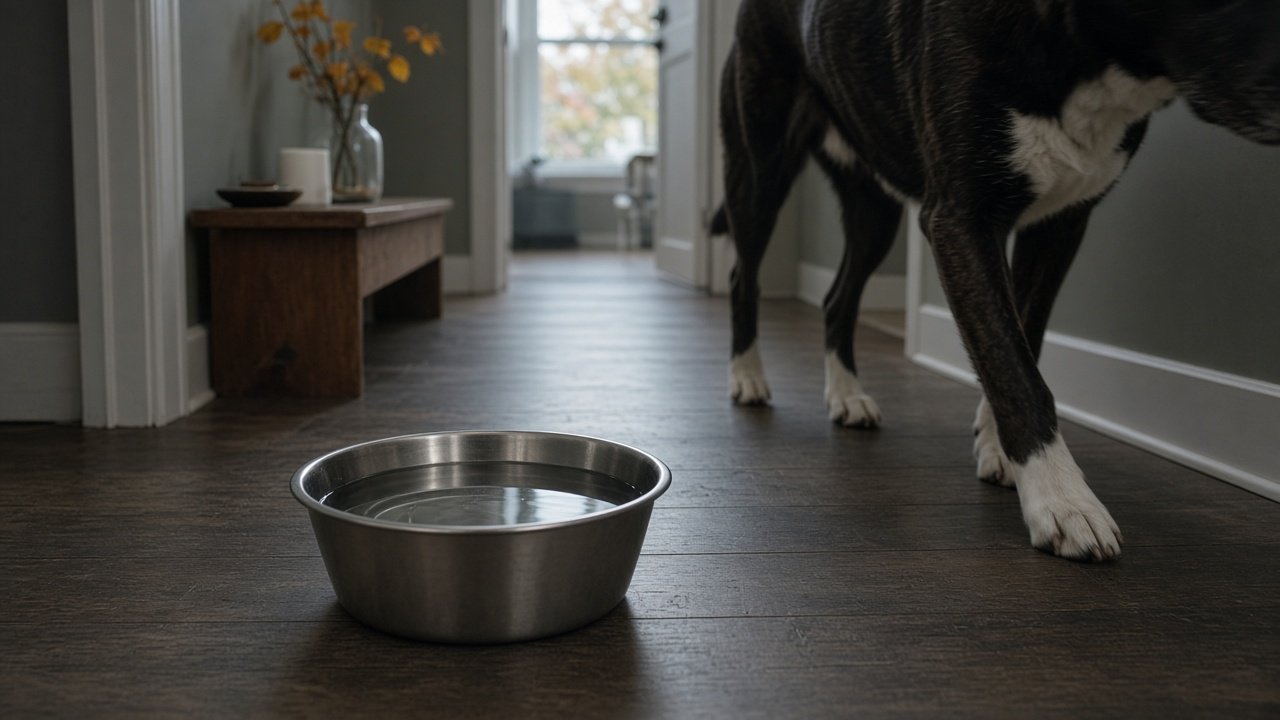 Gamelle d’eau dans un corridor, un chien qui passe