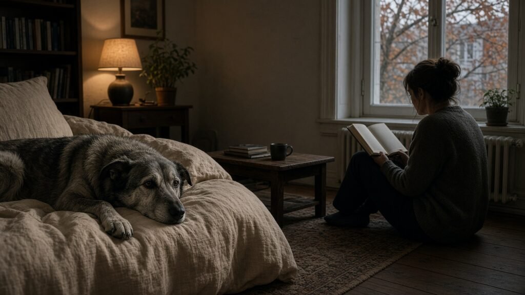 Grey dog resting on a linen bed in a quiet living room at late afternoon