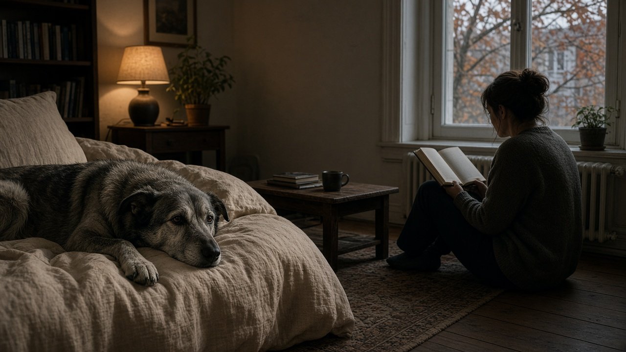 Chien gris au repos sur un lit de lin dans un salon calme, fin d’après-midi