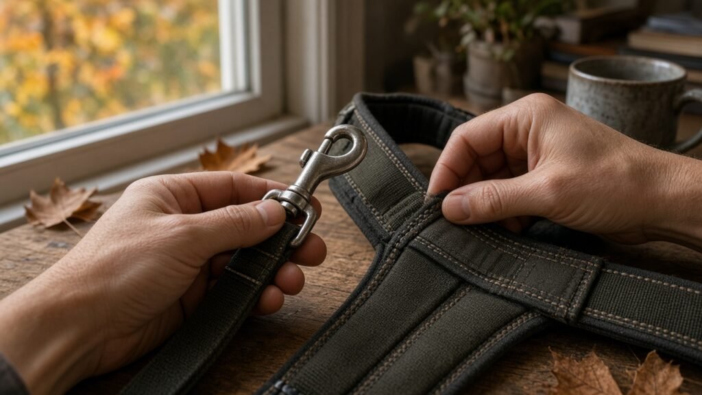 Hands inspecting a leash clip and harness on a wooden table