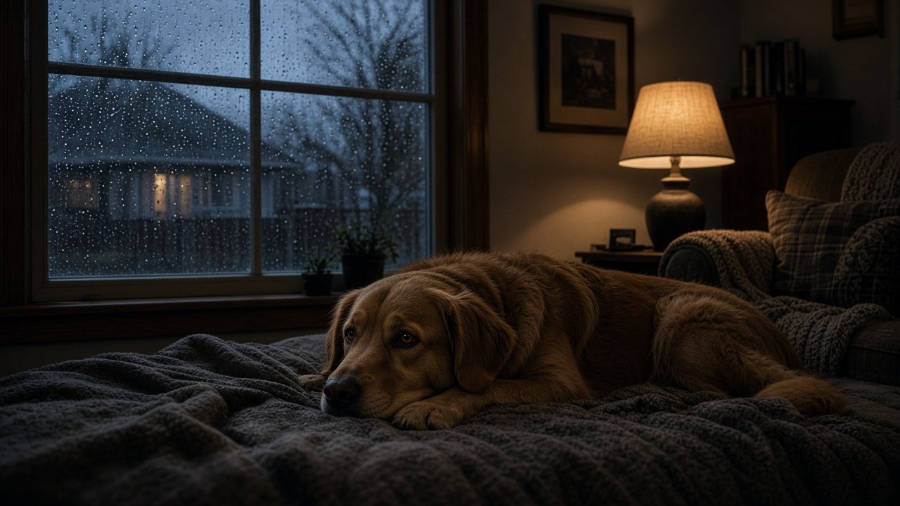 Dog lying on a bed in a dim room with rain on the window