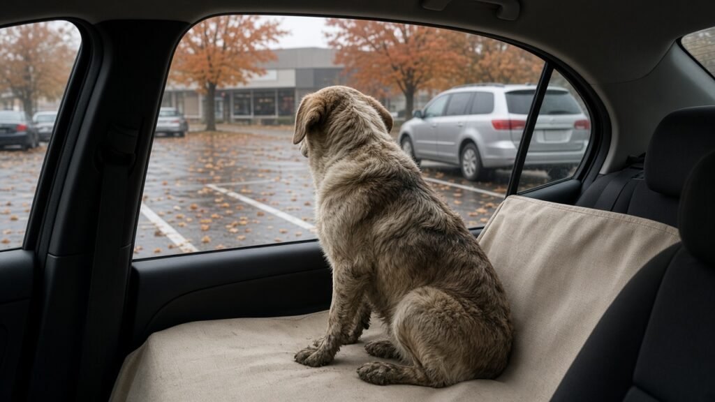 Muddy-pawed dog sitting on a plain canvas layer on a back seat