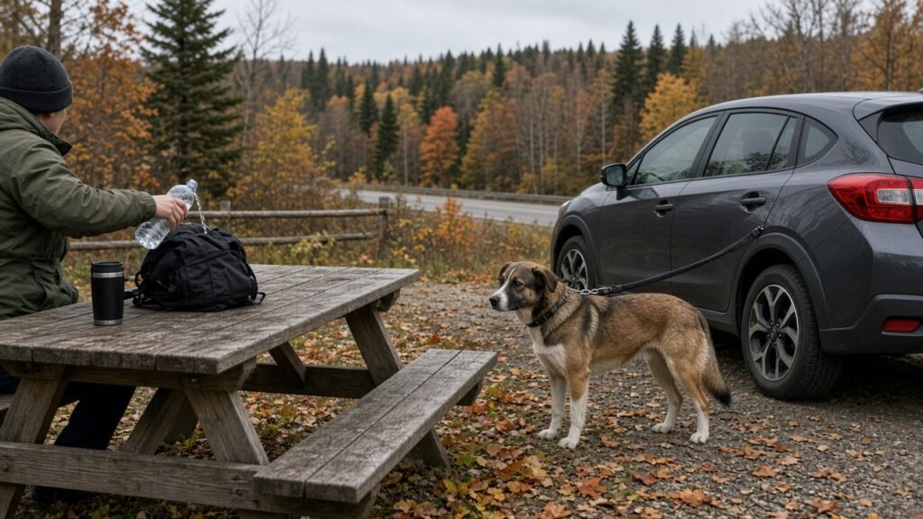 Dog on a short leash at a picnic table beside a parked car in autumn