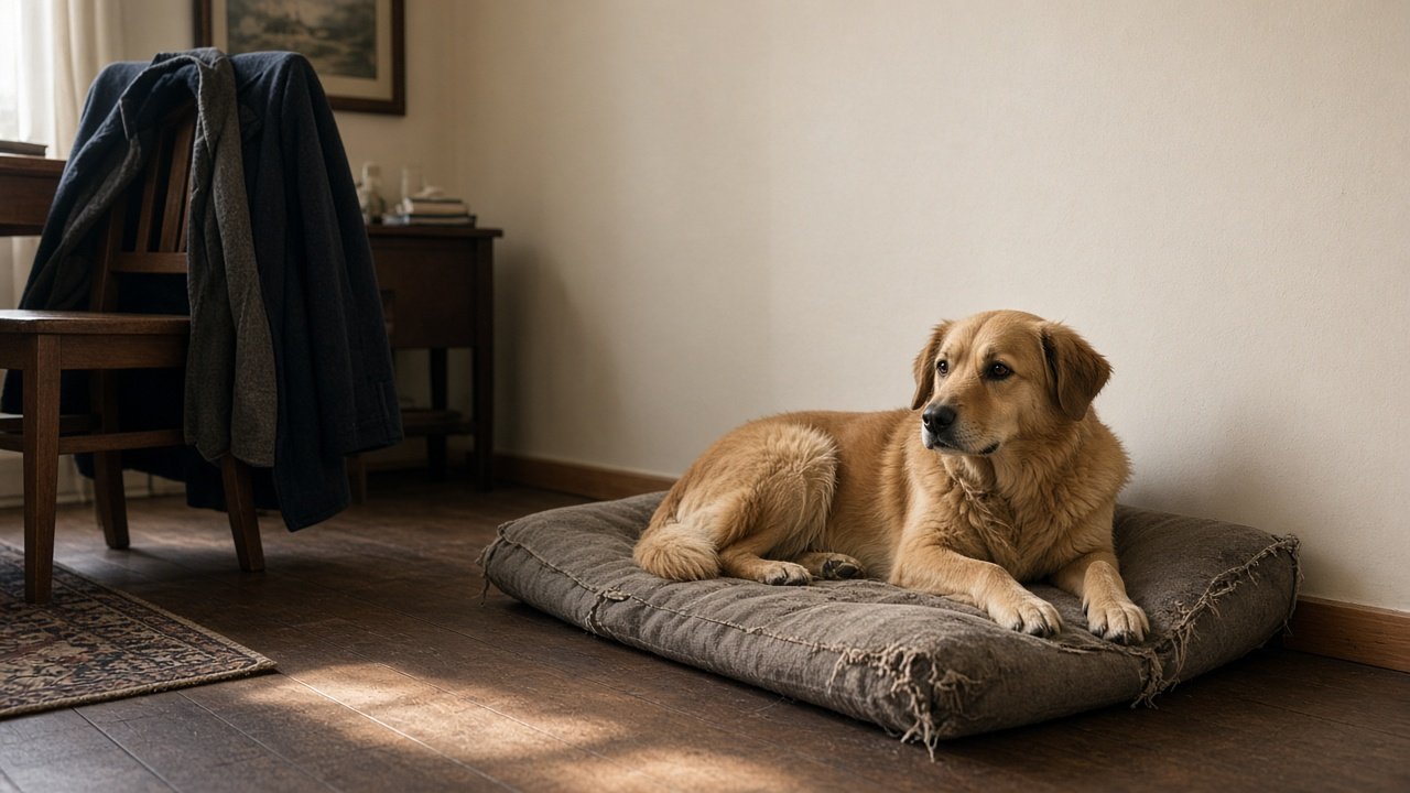 Chien doré couché sur son coussin dans le coin d’un salon d’hôte