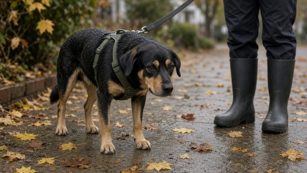 Mixed-breed dog on a wet Canadian sidewalk in light autumn rain, short leash in view