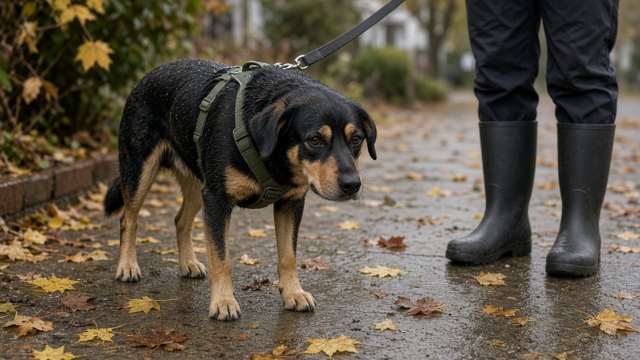 Chien croisé sur un trottoir canadien mouillé sous une pluie d’automne, laisse courte visible