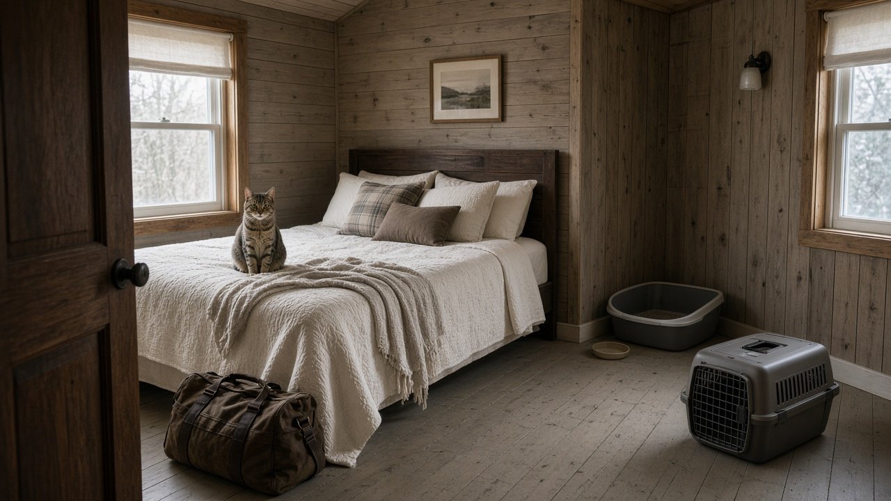 Cat on a bed in a wood-walled room with a carrier and litter box