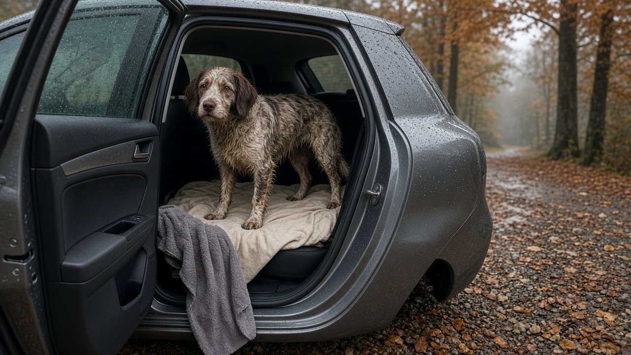 Damp dog standing on a plain seat layer in an open hatchback on a wet driveway