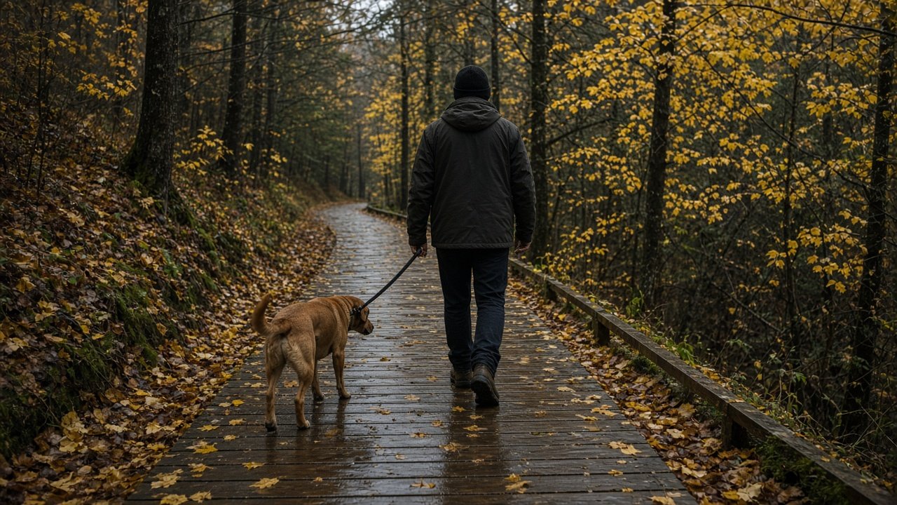 Brown dog on a short leash on a wet wooden boardwalk after rain